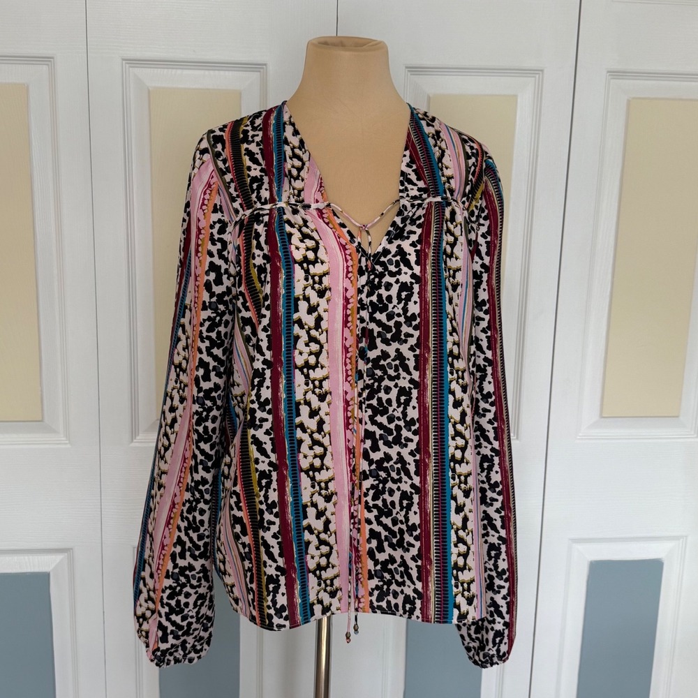 Marie Oliver Women Animal Stripe V-Neck Tie Blouse Multi-Color Long Sleeve M